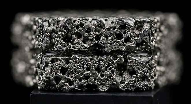 Detailed macro view of laser-sintered gadolinium rare earth alloy porous regenerator bed matrix showcasing advanced microfluidic thermal engineering structure