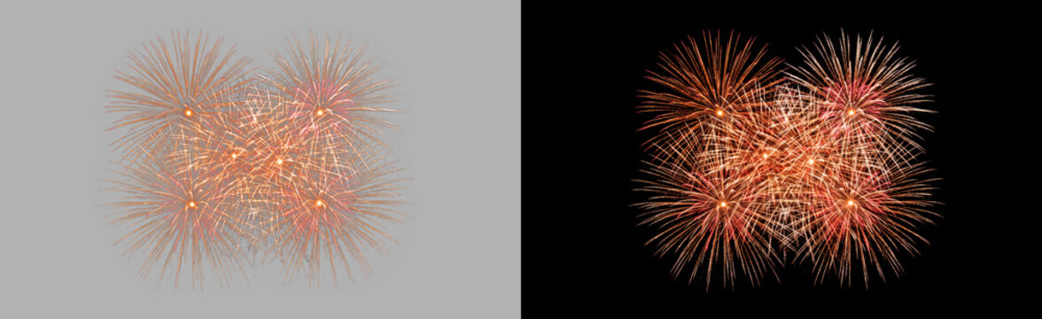 Twin orange and red fireworks bursting isolated on transparent background, symmetrical starburst celebration explosion, festive glowing night sky effect PNG cutout
