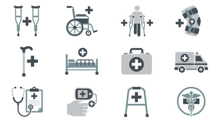 Fototapeta premium Patient mobility aids and hospital emergency rehabilitation icons.