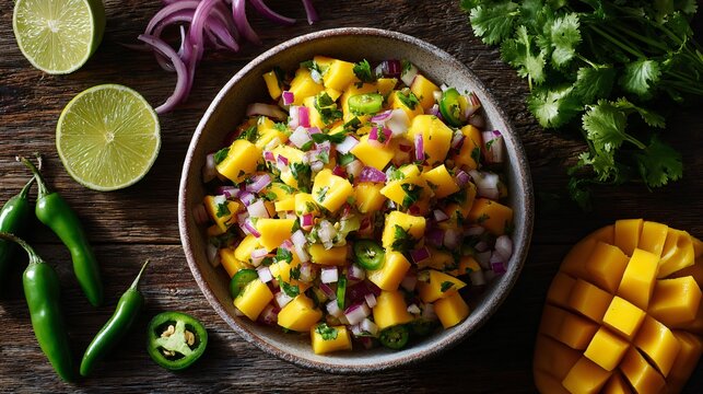 A top-down flat lay of fresh mango salsa with diced mango, red onion, cilantro, jalapenos, and lime wedges arranged in a ceramic bowl on a rustic wooden table under bright tropical sunlight