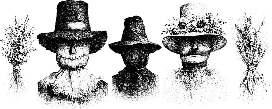 Folk horror harvest heads and masked figures set with straw bundles and floral crowns for book cover design