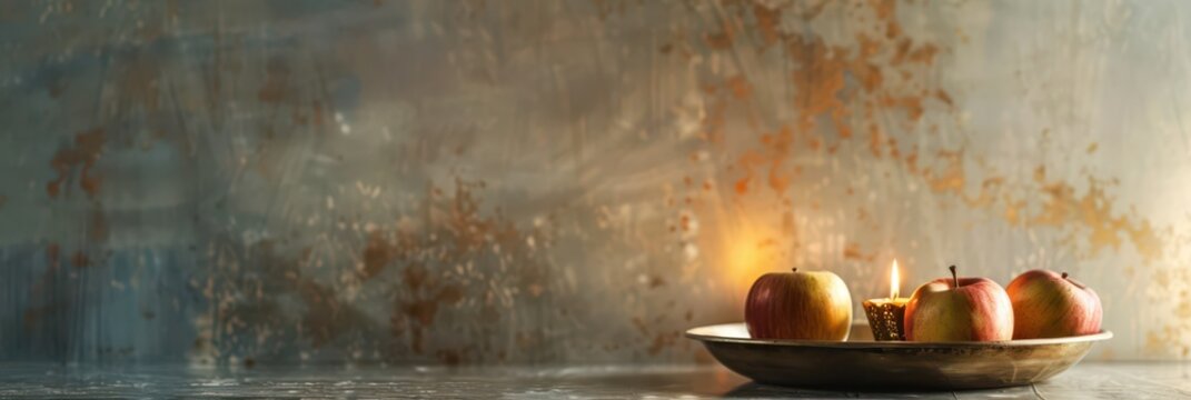 Apples and lit candle on brass plate for yom kippur table background and banner design. Copy space