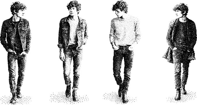 Set of four full body male fashion portrait graphics in stipple ink style for poster background and character reference or editorial layout