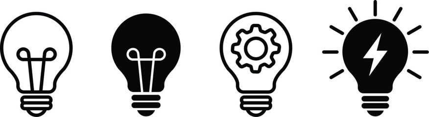 Light bulb icon set featuring filament, gear, lightning bolt and sparkle symbols representing idea, creativity and energy in outline and solid filled black styles for business design. © SyedDesigner