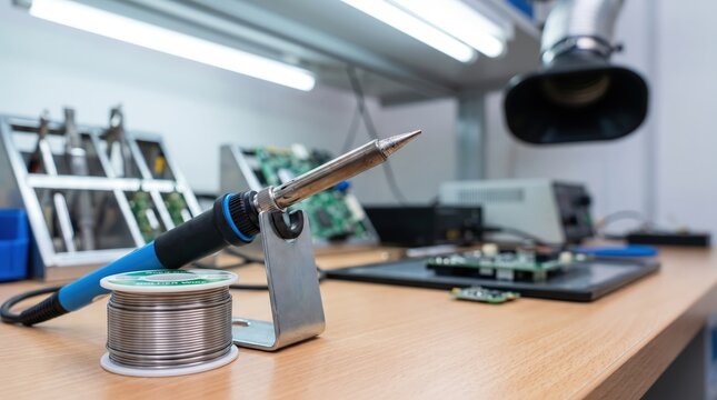 Soldering tools and electronic components on a repair bench for circuit board assembly, electronics repair, technical maintenance, engineering workspace.
