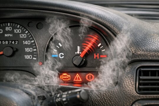A close-up shot of a car dashboard with steam escaping from the vents