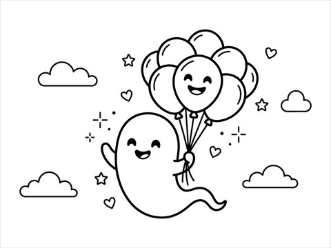 Charming ghost floating with balloons line art illustration for kids' room decor