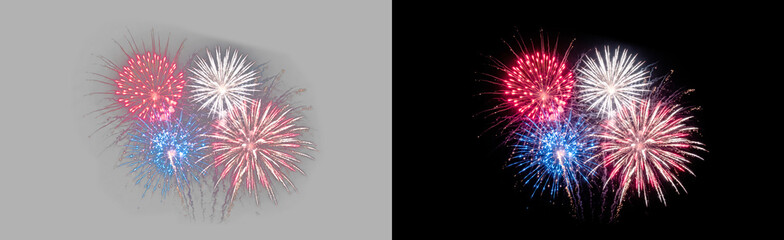 Fototapeta premium Colorful fireworks display in red, blue, and white isolated on transparent background, festive multicolor starburst explosion, celebration night sky effect PNG cutout