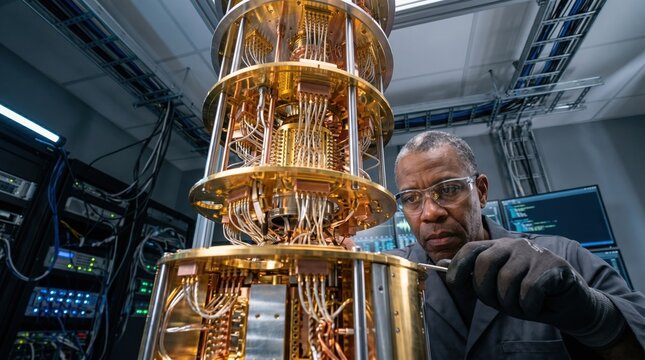 A researcher in gloves focuses on a quantum computer in a laboratory. The setting shows wires and circuits. The work involves precision and technical skills in a complex field.