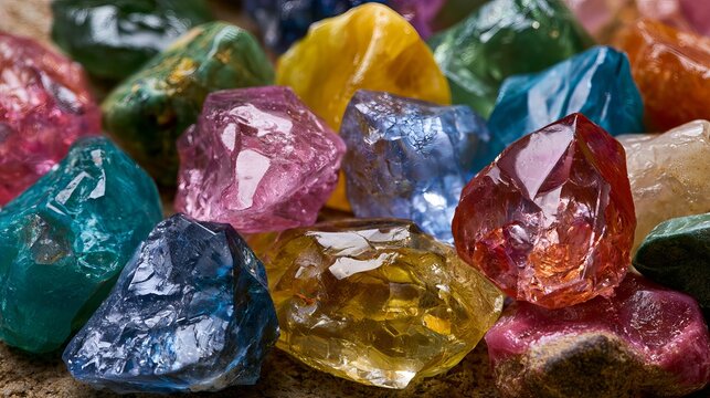 Colorful mineral stones gleam with shiny surfaces in their natural home. Gemstones show their varied textures.