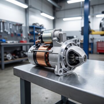 Starter motor displayed in an automotive repair workshop, vehicle engine component, professional maintenance, replacement part.