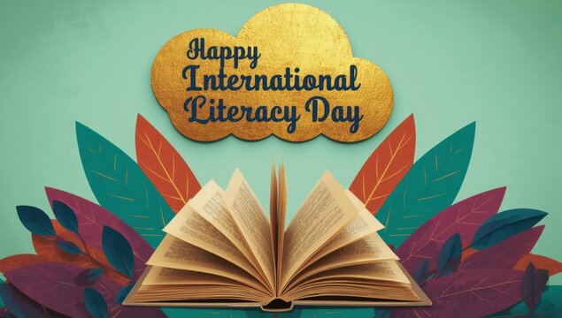 Happy international literacy day celebration concept with open book and colorful leaves on a soft teal background