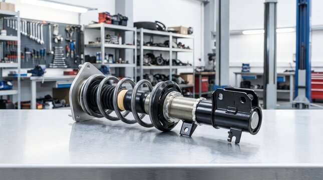 Automotive suspension strut components displayed in a repair workshop, vehicle suspension maintenance, replacement parts, professional service.
