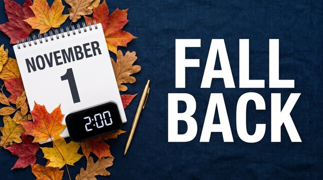USA Daylight Saving Time Ends 2026. Fall Back Clock Change Reminder Poster with November 1 Calendar, Alarm Clock and Autumn Leaves. Winter Time Concept. Turn Clocks Back One Hour