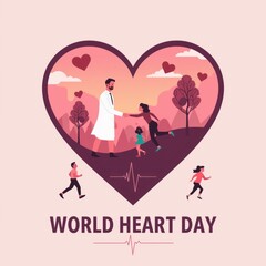 Fototapeta premium Heart day awareness poster with doctor and family figures inside large pink heart shape and ekg line
