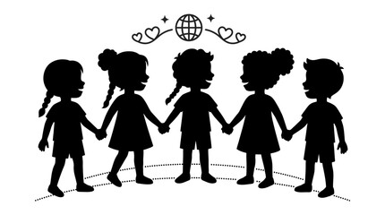 Children Holding Hands With Globe And Hearts Black Silhouette