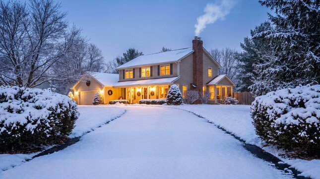 A warm and inviting suburban home glows with holiday cheer amidst a serene winter wonderland. Snow blankets the manicured lawn, driveway, and surrounding trees.