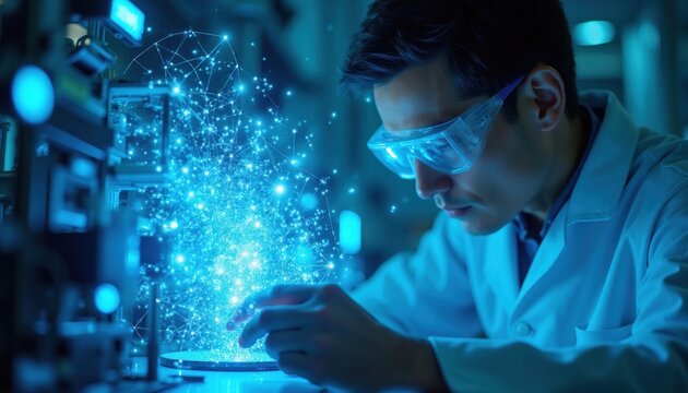 Scientist in lab glasses observes holographic molecular structure interface. Researcher works with quantum computing tech for chemical analysis. Advanced digital neural network model simulates new