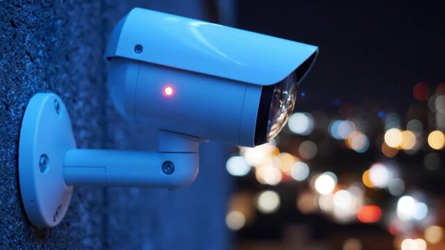 Blue security camera mounted on textured wall