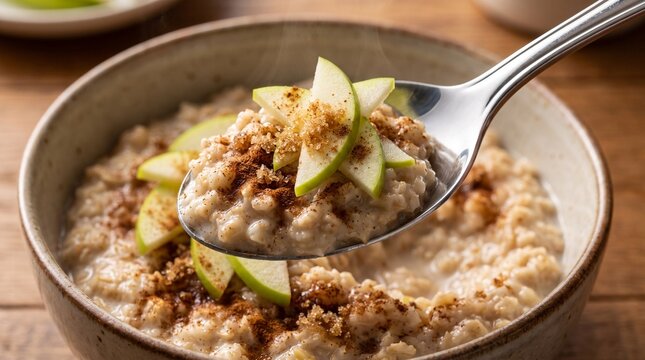 A close-up shot of a steaming bowl of oatmeal topped with fresh apple slices and a sprinkle of cinnamon. A spoonful is lifted, ready to be enjoyed.