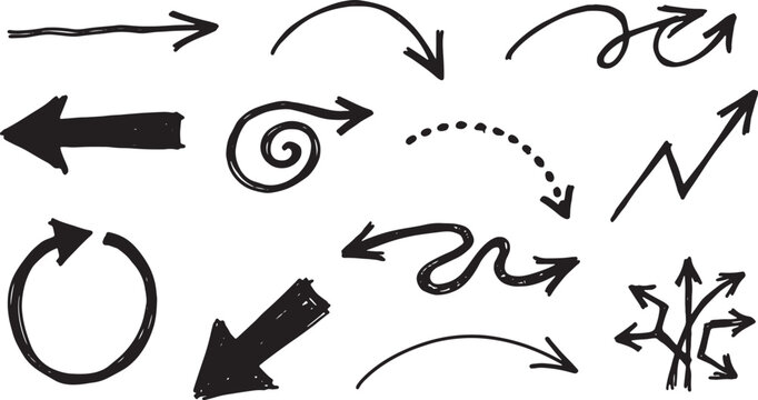 Black and white doodles of arrows, circles, and zigzags