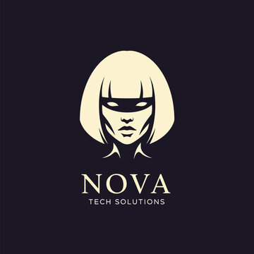Minimalist logo design featuring a stylized woman with a visor for Nova Tech Solutions.