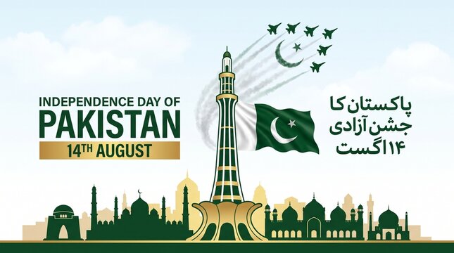 Pakistani flag, monuments, and crescent‑star jet trail evoking unity, pride, and Independence Day celebration.