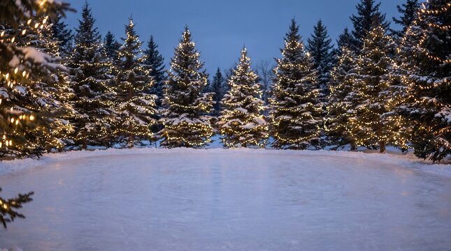 A row of fir trees decorated with warm fairy lights, standing in a snowy landscape under a twilight sky