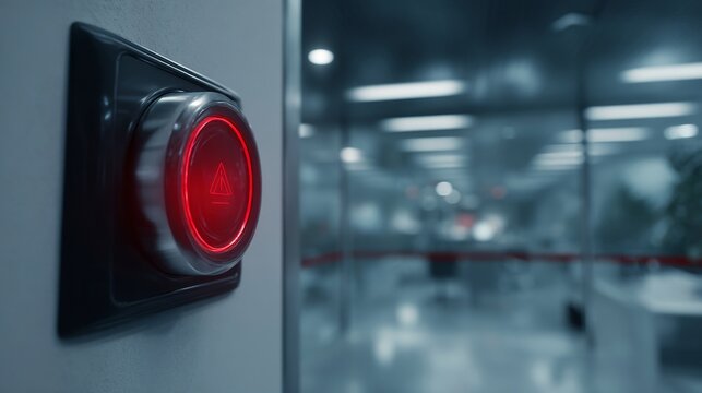 A red emergency button illuminated on a wall in a modern, blurred office environment.