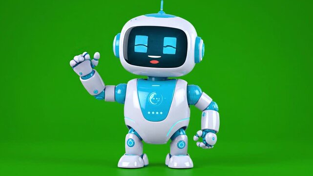 A cute, friendly cartoon robot with a white and blue body, waving its hand against a vibrant green background.
