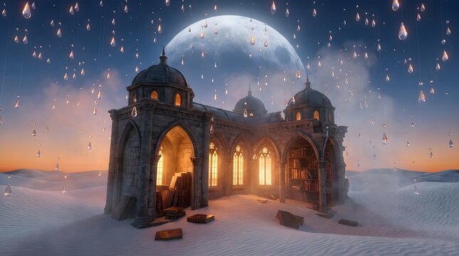 Mysterious ancient structure under a large moon and sparkling sky