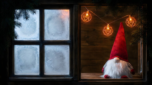 Cute christmas gnome sitting by a dark window with glowing fairy lights and winter frost