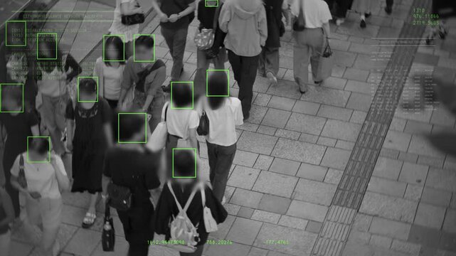 POV from security camera on pedestrians walking in street tracked and analyzed. Artificial intelligence algorithm of face recognition learning model spying on people or gathering traffic control data