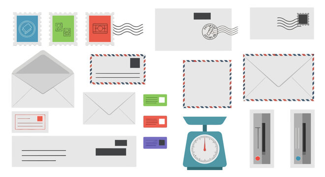 Postal Service Mail Icons: Envelopes, Stamps, Postmarks, and Scale