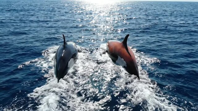 Two orcas swimming side by side in the deep blue ocean with sunlight reflecting on the water surface