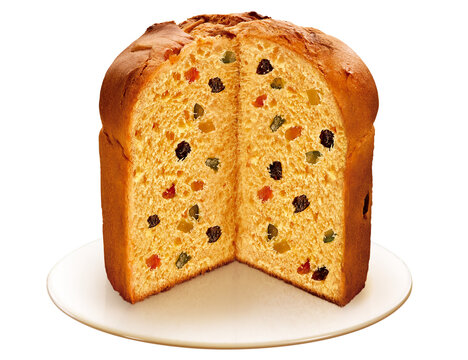 Traditional candied fruit panettone, sliced, on a plate, isolated on a transparent background