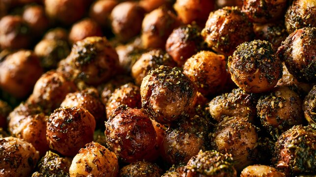 A macro texture study of roasted chickpeas coated with za&rsquo;atar seasoning and olive oil under dramatic directional light