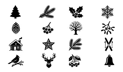 Fototapeta premium Winter plants and nature black silhouette icon set seasonal holiday vector