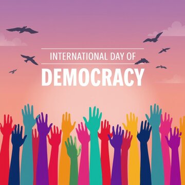 International day of democracy concept with colorful raised hands and flying birds under a purple sunset sky