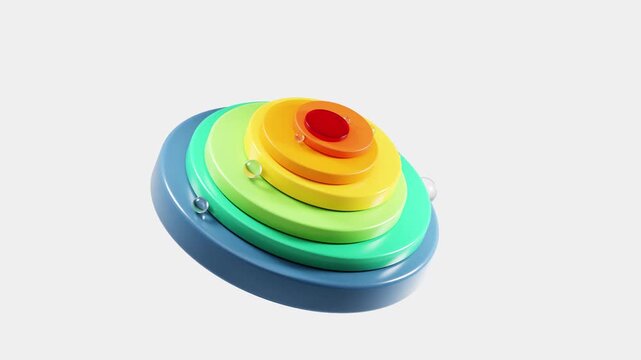 Colorful concentric discs are rotating, with water droplets bouncing on their surface, isolated on a white background