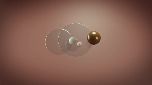 Animation of transparent disks and spheres rotating on a pink background, creating a visually appealing abstract composition