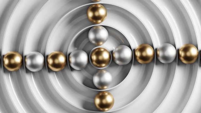 Metallic spheres move in a circular pattern on a white background, creating an elegant visual loop