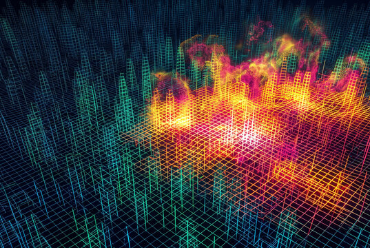 HDR photography of a dense wireframe cyber city experiencing a glowing neon abstract data fire