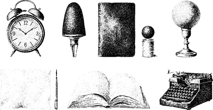Vintage dotwork office and study object illustration set with clock typewriter book globe for social media post design