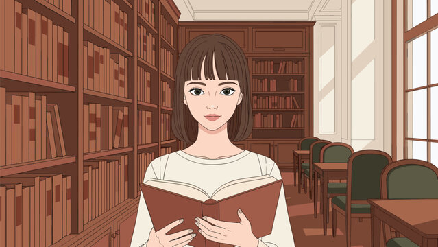 Young woman with short brown hair stands in a classic library holding an open book and looking directly at the viewer.