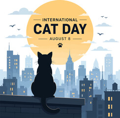 International cat day illustration with silhouette of a cat on a rooftop © Mojibur