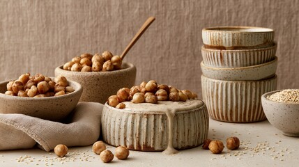 Fototapeta premium A monochromatic beige-toned styling featuring chickpeas, tahini drizzle, sesame seeds, and neutral ceramic bowls
