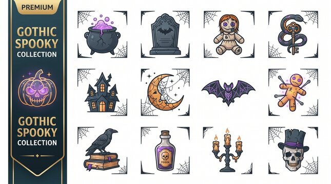 Gothic Spooky Halloween Icon Set: 12 Premium Vector Icons in Dark Three-Tone Palette