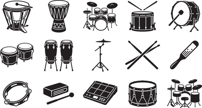 Acoustic drum kit and percussion musical instrument silhouette icons vector illustration set isolated on white background.