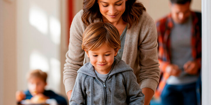 Smiling mother helping young son at home with family members in background showing parenting, care and everyday family life